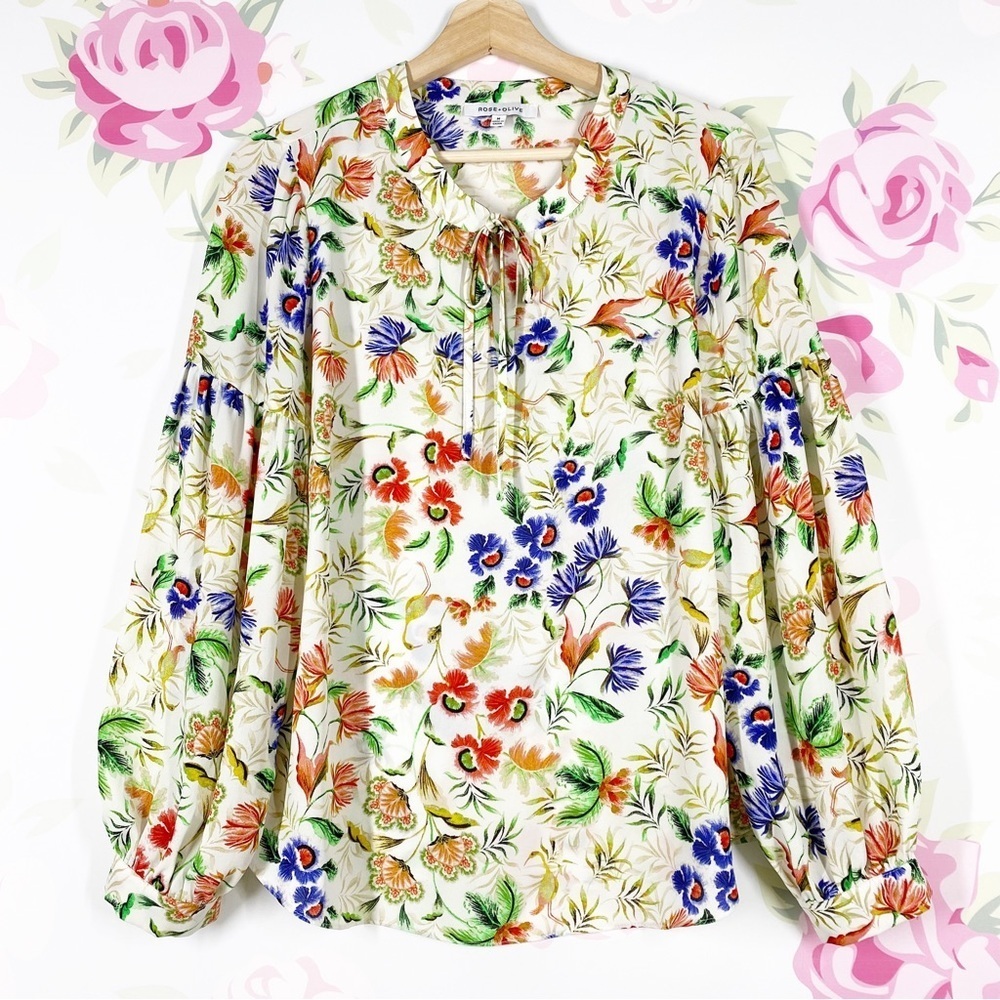 Rose & Olive Floral Print Tie Front Long Sleeves Blouse M